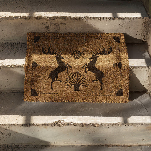 Rectangular coir doormat with two standing stags, triple moon symbol, and tree of life design in black on natural tan background.